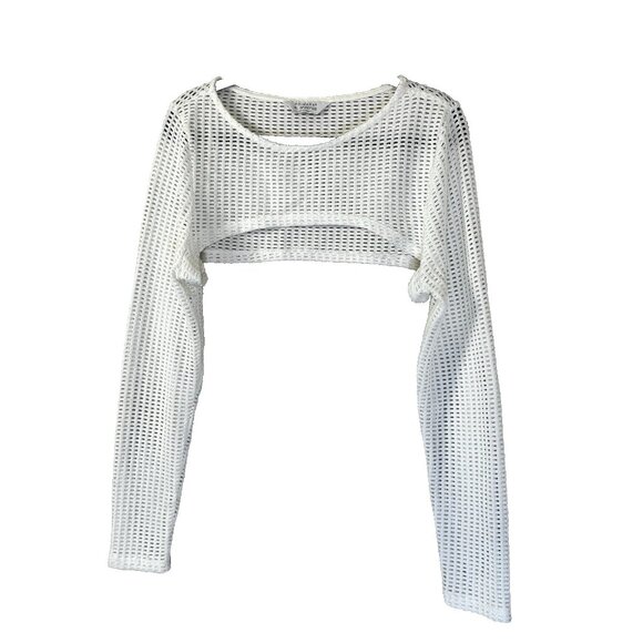 Womens White Open Knit Long Sleeve Shrug Bolero Half Sweater XL Beach Coastal - Picture 1 of 5